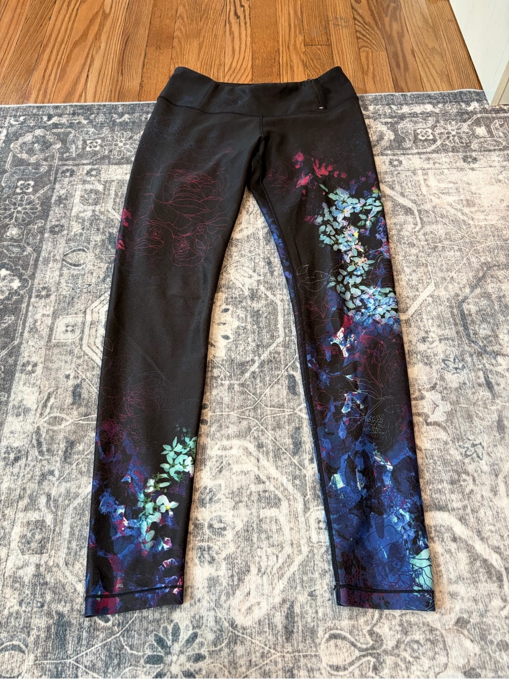 Calia Carrie underwood Black Leggings with Blue, Teal and Purple Floral Accent